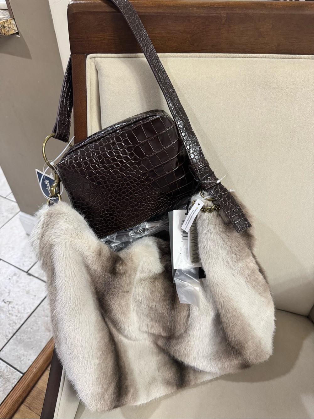 Steve Madden Faux-Fur Hobo with Croc-Embossed Trim - Brown/Beige